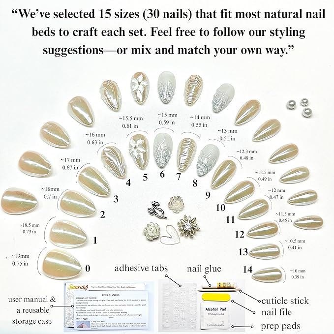 Handmade Press On Nails Short Almond Ivory Pearl Shimmer Nails with 3D White Flower. Natural Elegant Reusable Set (15 Sizes, 30 Nails + Glue) | Designed in L.A, Made in Vietnam| PEARL PROMISE