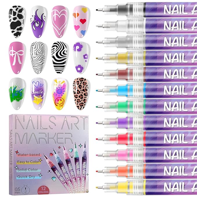 EBANKU 12 Colors Nail Art Pens Kit 0.5MM Ultra-Fine Tip 3D Nail Polish Pens Quick-Dry Acrylic Paint Pens Nail Markers Dotting Tools for Valentine's Heart Nails Home & Salon Manicure