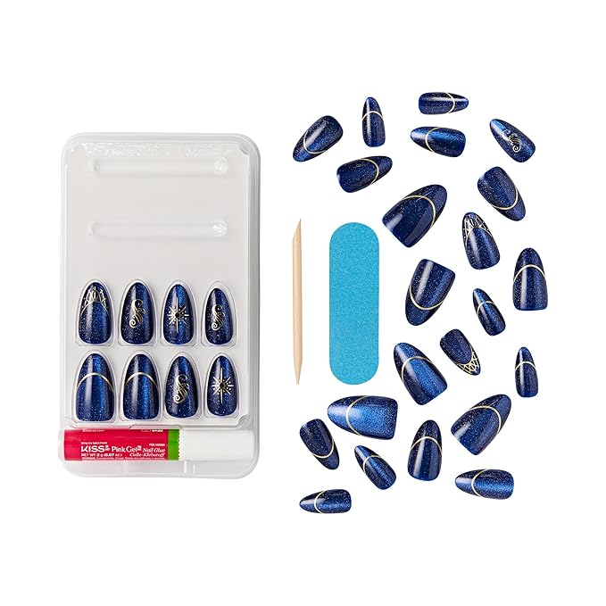 WICKED X KISS Press On Nails Almond, ‘Shiz Chemistry Club’, Blue, Medium, Waterproof, Chip Proof, Smudge Proof, 28 Fake Nails, Pink Gel Nail Glue (2g), Mini Nail File, & Manicure Stick