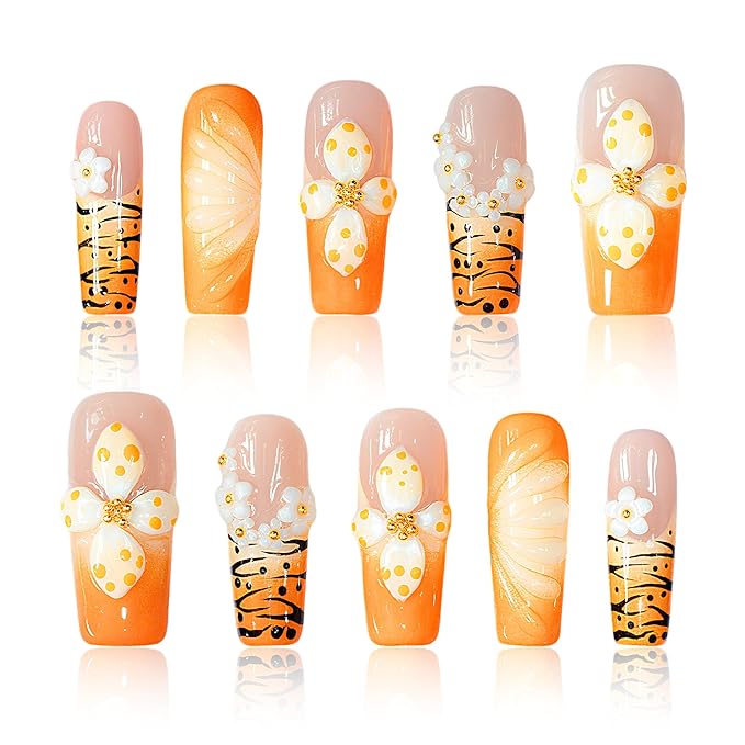 Handmade Square Press on Nails – Orange Ombre Nails with 3D Polka Dot Flowers & Tiger Stripes, Glossy Reusable Stick on Fake Nails for Women, 10pcs Acrylic Nail Set with Tool Kit