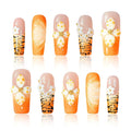 Handmade Press On Nails Medium Square – Orange Ombre with 3D Polka Dot Flowers, Pearl Chains & Tiger Print, Reusable Glossy Acrylic False Nails Gift for Women & Girls (10pcs)