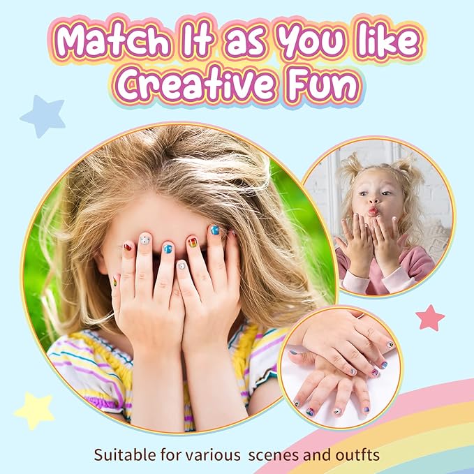 Modelones Press on Nails for Kids 144Pcs 6 Pack Children Acrylic Fake Nails Pre-glue Full Cover Glitter Gradient Color Rainbow Candy Short False Nail Kits Sets Thanksgiving Christmas Gifts for Girls