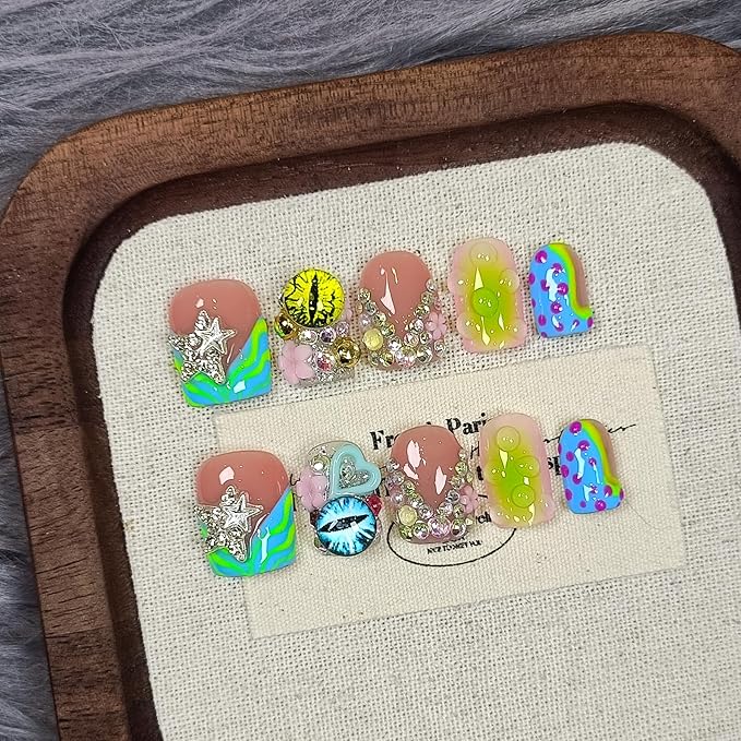 V-Shape French Tips Square Nails,Acrylic Press on Nails with 10pcs Kit,Sweet Edgy Y2K Hand-Painted Art False Nails,Neon Yellow-Green Fake Nails with 3D Stars, Hearts, Rhinestones Flowers(L)