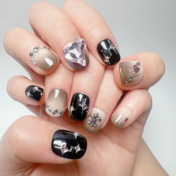 handmade nails press on Salon Quality false nails Reusable short round black rhinestone cute acrylic fake nails designed kit,10 Nails Size M #960
