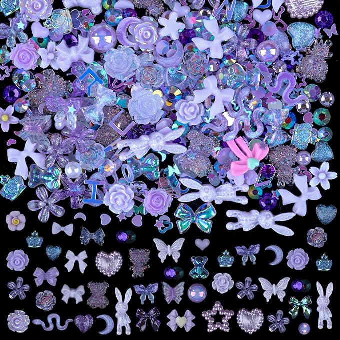 100 Pieces 3D Resin Butterfly Bear Nail Charms Rose Flower Peach Skirt Bow Deer Snake Rabbit Animal Shaped Nail Art Rhinestones Pearls for DIY Nail Art Decoration Making Craft (Purple)