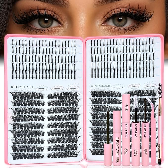 Lash Clusters Kit with Spikes, 80D+100D Left Right Eyelash Clusters Extensions Individual D Curl Fluffy Wispy False Eyelashes DlY Manga Lashes Extension Kit (12-22mm, Left Right Lash Clusters Kit)