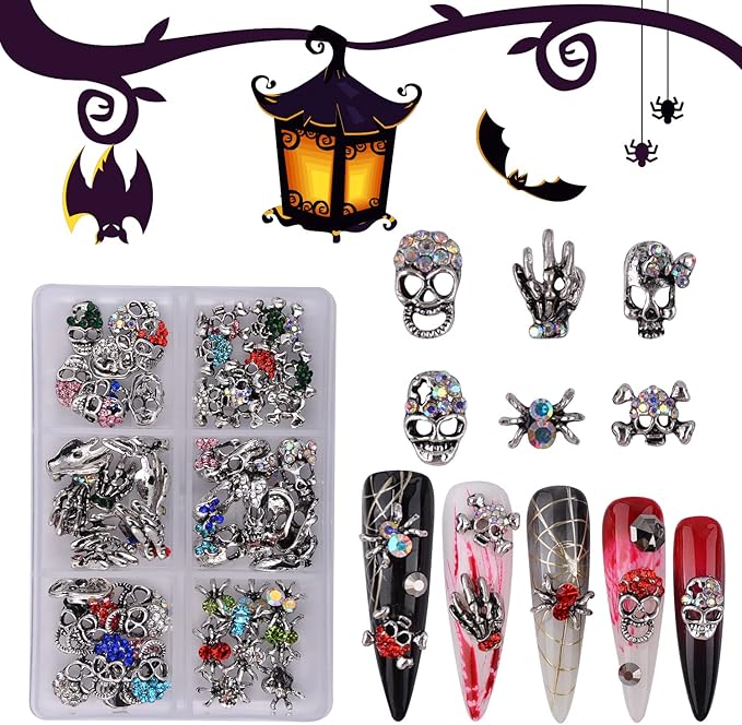 Halloween Nail Charms Rhinestones Decorations - 60Pcs/Box Multi Shape Halloween Nail Accessories Metal Punk Vintage Sliver Nail Design for DIY Nail Art Craft