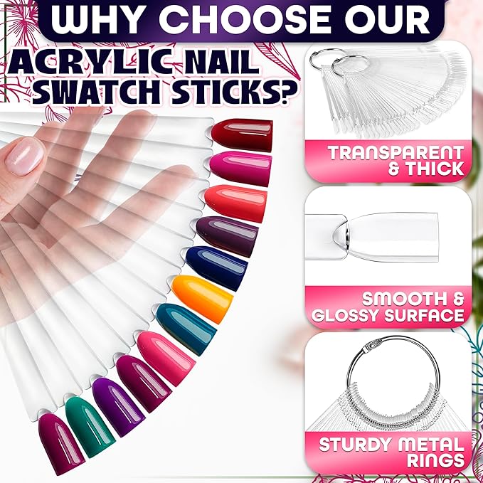 200 Pcs Nail Swatch Sticks - Clear Swatches for Gel Polish - Transparent Acrylic Practice Tips with Metal Rings | Suitable for Adding Designs, Rhinestones, Charms and Nail Art Striping Tape Lines