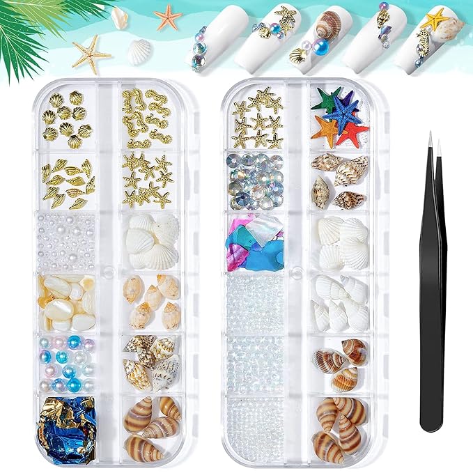 2 Boxes Summer Beach Nail Studs & Rivets - Ocean Theme Shell Starfish Conch Charms - Sea Series DIY Nail Art Decoration (3-4)