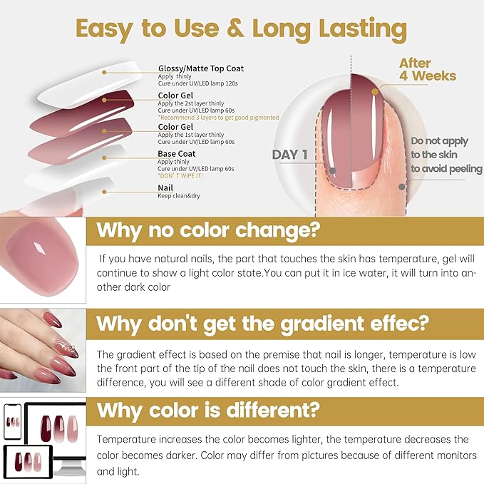 YTD Likomey Gel Nail Polish 2 Pcs Set,15ml Color Changing Nude Pink Burgundy Red and Glitter Nails Gel Kit,Thermal Ombre Change Colors Translucent Salon Manicure Fall Winter UV Color Varnish,0.5 Fl Oz