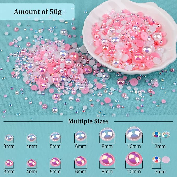 BELLEBOOST 50g Flatback Pearls and Rhinestones Set 1-Pink&White, Mixed Size 3-10mm Resin Rhinestones and Half Pearls for Nail Art and Crafts and Decoration with Tweezer and Pickup Pencil