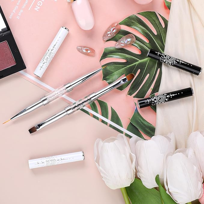 2pcs Hard Gel Nail Brush, French Manicure Brush French Tip Nail Gel Liner Brush, Builder Gel Brushes for Design Nails Dual-Ended Nail Design Brushes Rhinestone Handle Nail Brush Professional Nail Art