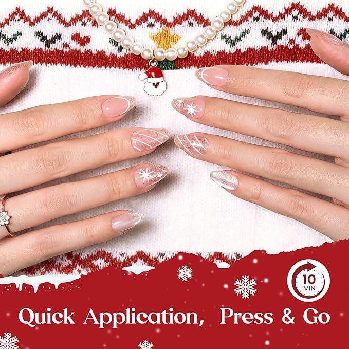 Beetles Christmas Press On Nails - Christmas Snow | Short Almond Press On Nails | 32Pcs 16 Sizes Natural Salon Quality Nail Tips With Quick-drying Nail Glue For Women