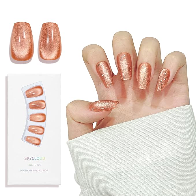 Brown Cat Eyes Press On Nails,12 Sizes-24 Pcs Soft Gel Light Brown Medium Coffin Fake Nails Kit with Nail Glue, Natural Reusable Stick On False Nails for Women and Girls (Skycloud Brown Nails) SK0826