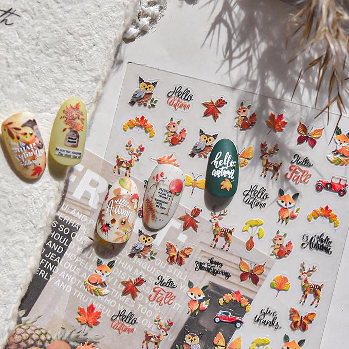 Fall Nail Art Stickers 5D Embossed Fox Nail Stickers 3D Self-Adhesive Squirrel Nail Decals Autumn Elk Owl Nail Designs Orange Maple Car Nail Art Decoration for Women Girls Manicure 1 Sheet