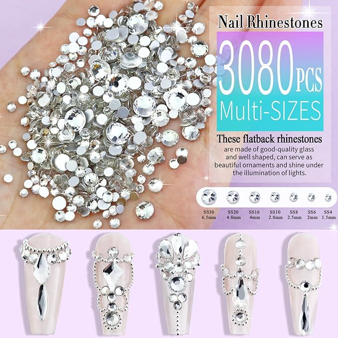 Dowarm 3200PCS Nail Art Rhinestones, Crystal Clear Flatback Rhinestones for Nails, Crafts, 12 Styles 3D Glass Crystal Nail Gems, White Diamond Stones
