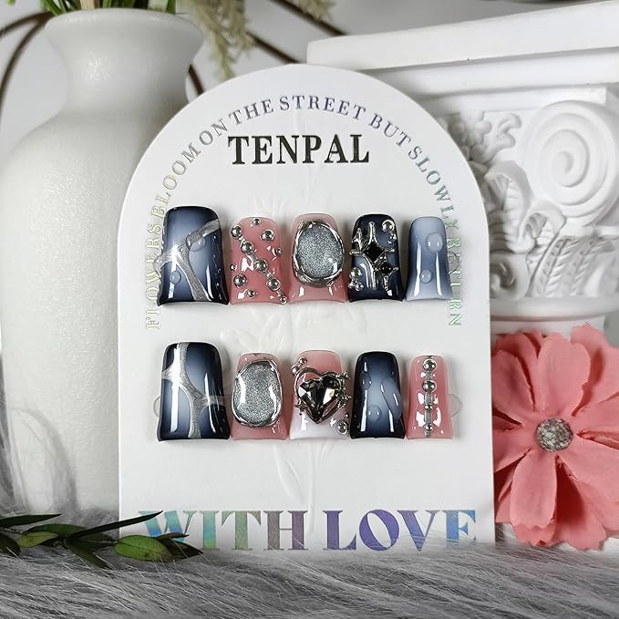 Cat Eye Duckbill Press on Nails,Metallic Embossed Gray Pink Blushing Design Fake Nails with 3D Punk Studs,10PCS Gothic Y2K Glitter False Nails for Halloween,Glossy Duck Nails Press on(M)