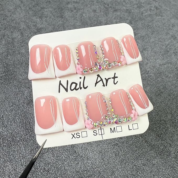 Handmade Duck Press on Nails White French Tip Short Duckbill Tips with Rhinestone Flower Designs Full Cover Muti-Layer Gel Acrylic Nail Luxury False Nails Thickened Fake Stick on Nails for Women (M)
