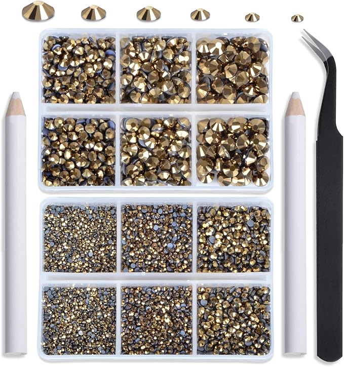 NCB Hotfix Iron on 8000pcs Crystal Rhinestones Round Gem for Crafts Decoration DIY Jewelry Making with a Tweezers and 2 Picking pens (Aurum, 6Sizes SS4-SS30)