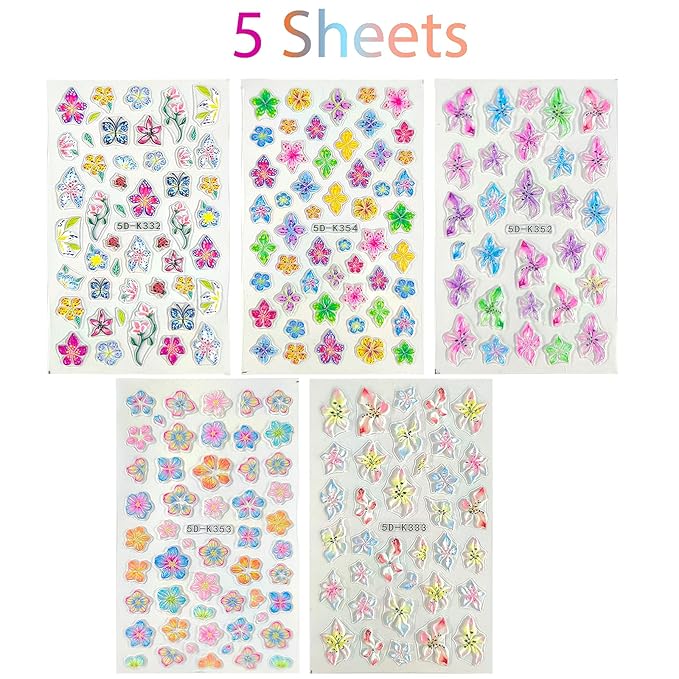Flower Nail Art Stickers Decals 5D Embossed Nail Decals Spring Summer Colorful Flower Butterfly Nails Design Self-Adhesive 3D Accessories for Women Nails DIY Decoration(5 Sheets)