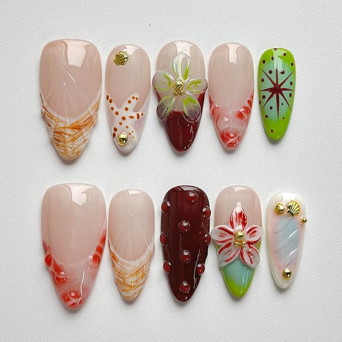Luxury Press on Nails Medium Almond Handmade 3D Unique Reusable ABS Material Fake Nails French Tip False Nails with Designs Starfish Water Drop Red Flower Glossy Glue on Nail Thick Acrylic Nail(S)