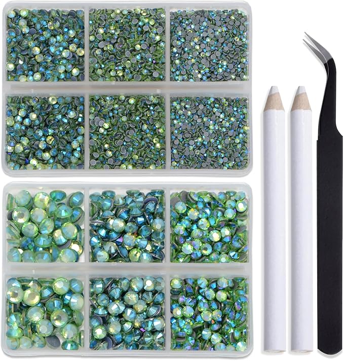 Bymitel Hotfix Crystal Rhinestones Round Gems for Crafts,Mixed 6 Sizes with Wax Pencil Kit, Peridot AB 1.6-6.3mm SS4-SS30/8000pcs