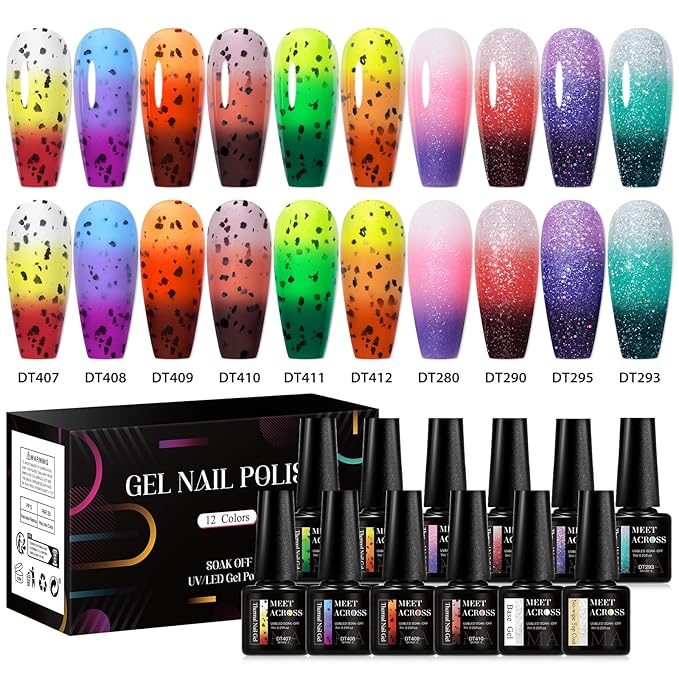 MEET ACROSS 12PCS Thermal Nail Gel Polish Kit, Color Changing Gel Nail Polish Set, Nail Art Gel Varnish Soak off UV LED Color Changed Nail Gel Nail Art Manicures