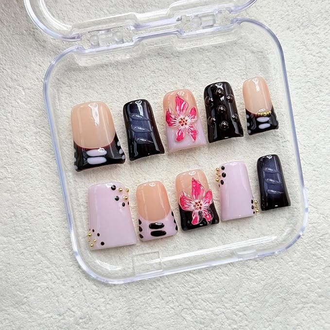 10 Pcs Handmade Duck Press on Nails 3D Art Flower Fake Nails with Golden Pearl Design Reusable Artificial Acrylic False Nail for Women Girls DIY（Size M)