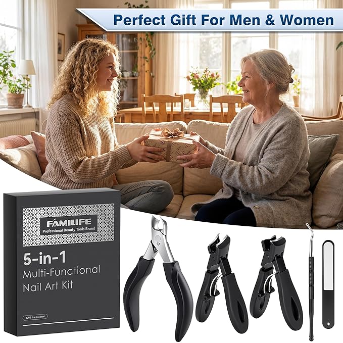 FAMILIFE 5-in-1 Pedicure Kit with Sharp Large Toenail Cutters for Thick Toenails, Heavy Duty Ingrown Toe Nail Clippers Long Handle for Senior Men & Women