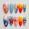 Luxury Press on Nails Medium Almond Handmade 3D Unique Reusable ABS Material Fake Nails French Tip False Nails with Designs Mushroom Floral Summer Glossy Glue on Nail Thick Acrylic Nail(S)