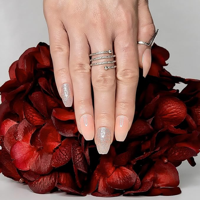 Hypnaughty 24 Pcs Nude Ballerina Press On Nails with Glue Medium Short Length Fake Nails with Glitter Design Glossy Acrylic Press On Nails Full Cover (Nude)