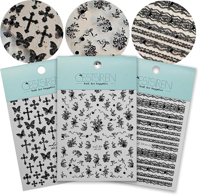 Black Lace Cross Nail Art Stickers Butterfly Totem Rhinestones Embossed Nail Decals Self-Adhesive Nail Accessories for Women Nail Art Supplies 3 Sheets