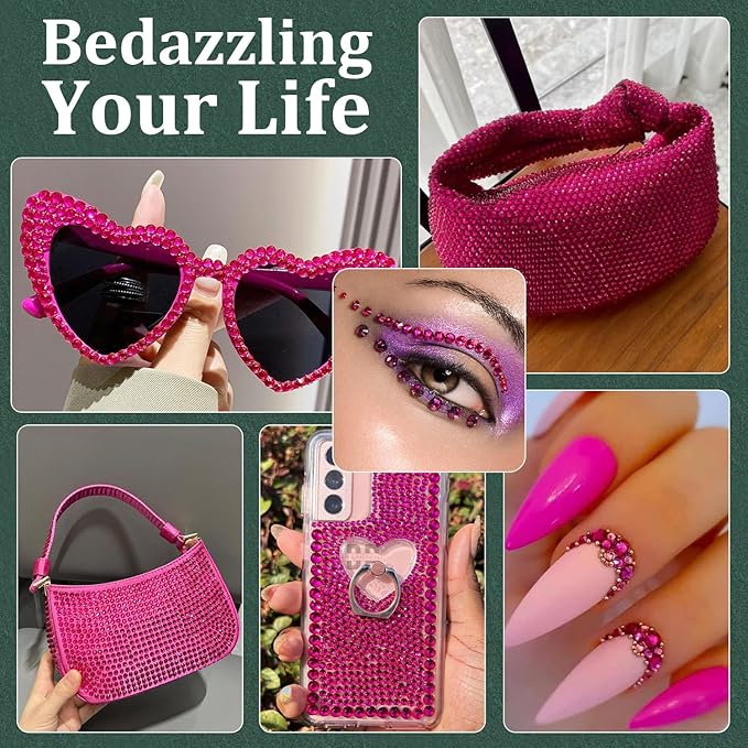 Resin Rhinestones for Crafting with B7000 Jewelry Glue, 2 Boxes Hot Pink Flatback Crystals with 3Pcs 10ml Glue for Bedazzling Crafts DIY Nail Art Makeup，Non Hotfix Gems for Clothing Shoes