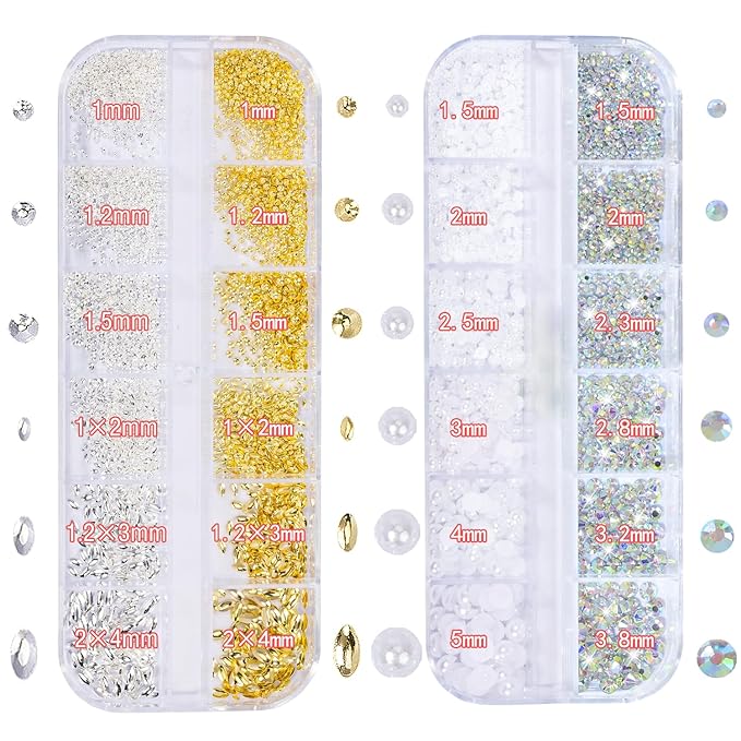 HNUIX Nail Art Charms - Metal Silver & Gold Beads, Flatback Half Round Rhinestones, Small Nail Pearls, 3D Mixed Sizes Decorations for Nails Kits
