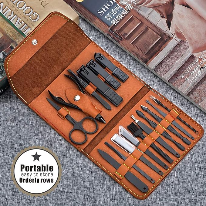 Gifts for Men/Women, Stainless Steel Manicure Set with PU leather case, Personal care tool (brown)