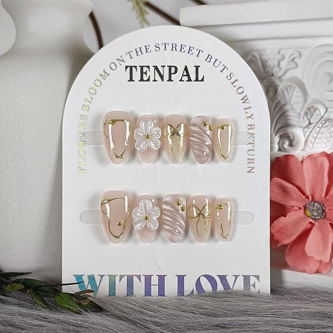 10Pcs Short Almond Oval Press On Nails With Tools,Nude Pink Fake Nails with 3D Flowers & Cat Eye Designs,Glitter Gold Edge Glue on Nails, Glossy Handmade Acrylic False Nails for Daily Party(XS)