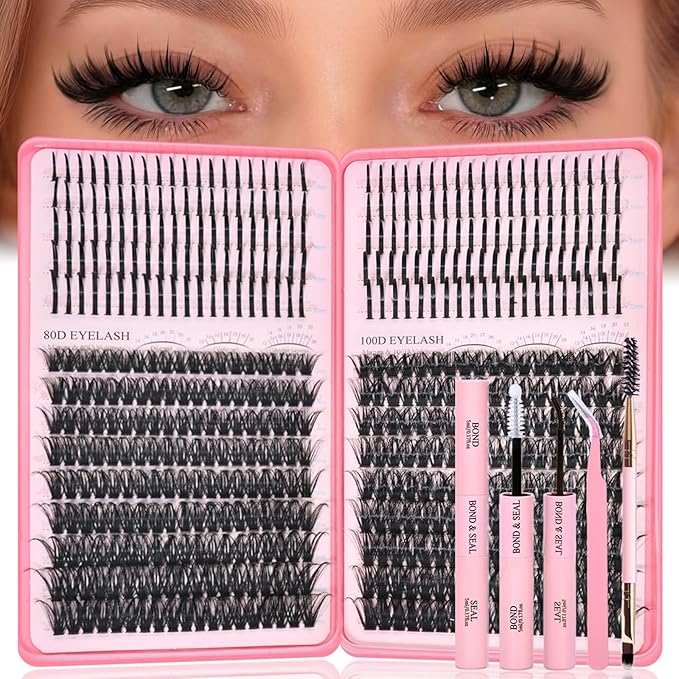 Lash Clusters Kit with Spikes, 80D+100D Eyelash Clusters Extensions Individual D Curl Fluffy Wispy False Eyelashes DlY Manga Lashes Extension Kit (12-22mm, Lash Clusters Kit)
