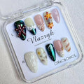 Handmade Press On Nails – 3D Almond Press On Nails Mermaid Chrome Nails with Pearl Shell, Starfish & Sea Life Designs | Reusable Fake Nails Kit (Seabed World, 10Pcs)