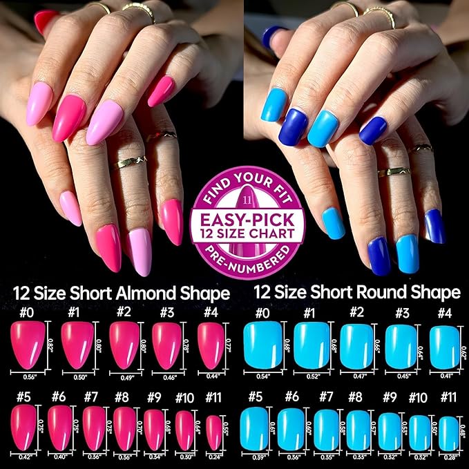 576Pcs Press On Nails, Mixed 12 Short Round & 12 Almond Glossy Full Cover False Nail Tips with Flower Stickers & Adhesive Tabs for Woman DIY Nail Art Practice & Daily Wear (Bright Color)