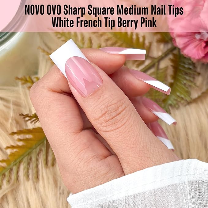 NOVO OVO Medium Sharp Square White French Tip Nail Tips Press on BERRY PINK, Extra Thick NEED Builder Glue Gel & Top Coat, Soft Gel Full Cover False Fake Nail Extension for Salon DIY x 15 Sizes 180 pc