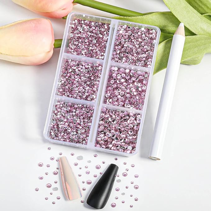 Beadsland 7200pcs Flatback Rhinestones,Pink Rhinestone Nail Gems Round Crystal for Crafts,Mixed 6 Sizes with Wax Pencil Kit, SS3-SS10,Light Rose/Light Pink