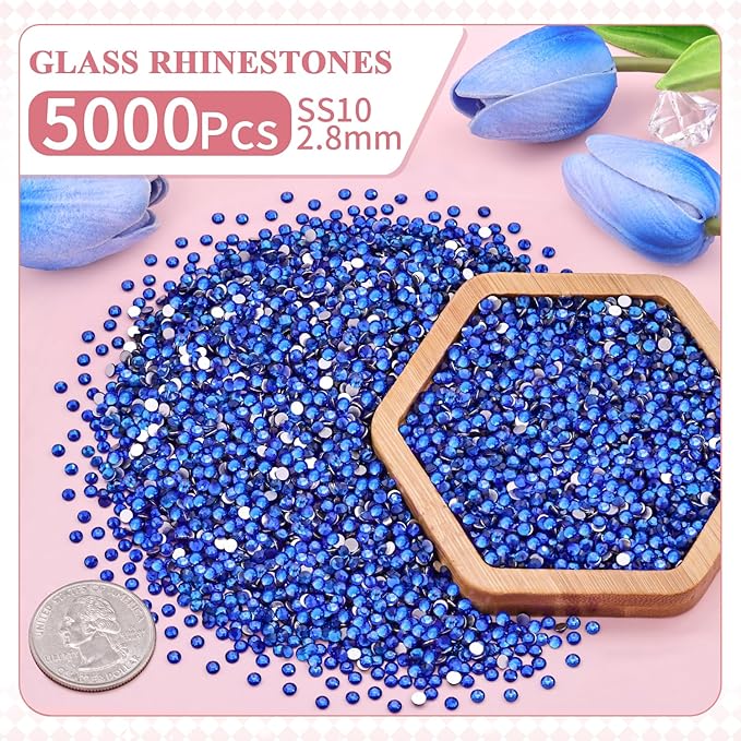 5000PCS SS10/2.8mm Crystal Rhinestones (Blue/Sapphire) with 2Pcs 10ml B7000 Jewelry Glue, Bedazzling Flatback Glass Rhinestones for Crafting, Gems Diomand Charms for Tumbler Shoes Clothing Nail Art