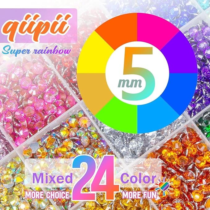6600Pcs 24 Color 5mm Crystal AB Resin Rhinestones w B7000 Glue for Bedazzling Crafting Colorful Flatback Stones Crystals Gems Diamonds Charms for Nails Eyes Face Makeup Tumblers Bottles Crafts