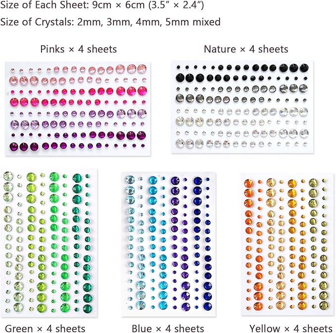 2800PCS 25 Sheets Self-Adhesive Jewel Stickers Rhinestones Jewels Rhinestone Stickers DIY Gem Rhinestone Multi Color Gemstone Embellishments Assorted for Makeup, Festival, Crafts & Embellishments