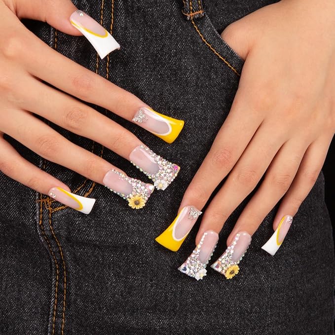 LOVFUL Press on Nails Sunflower | Handmade with Full Covered Crystals | Reusable Fake Nails | Duck Classic Regular 1.3 in | H143-S