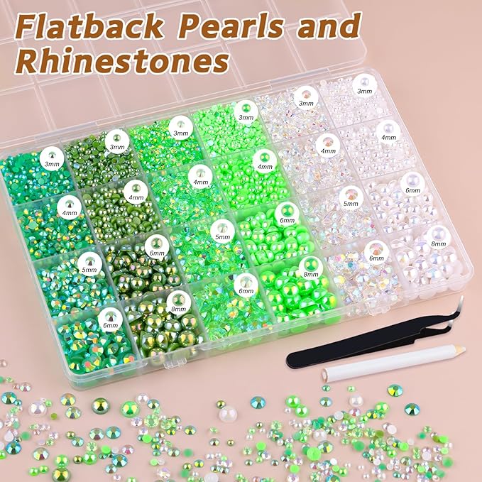 14000PCS Flatback Pearls and Green Rhinestones for Bedazzling Kit, Green Mixed Size 3-10mm Resin Rhinestones Gems and Half Pearls for Crafting, Nail Art Crafts Decoration