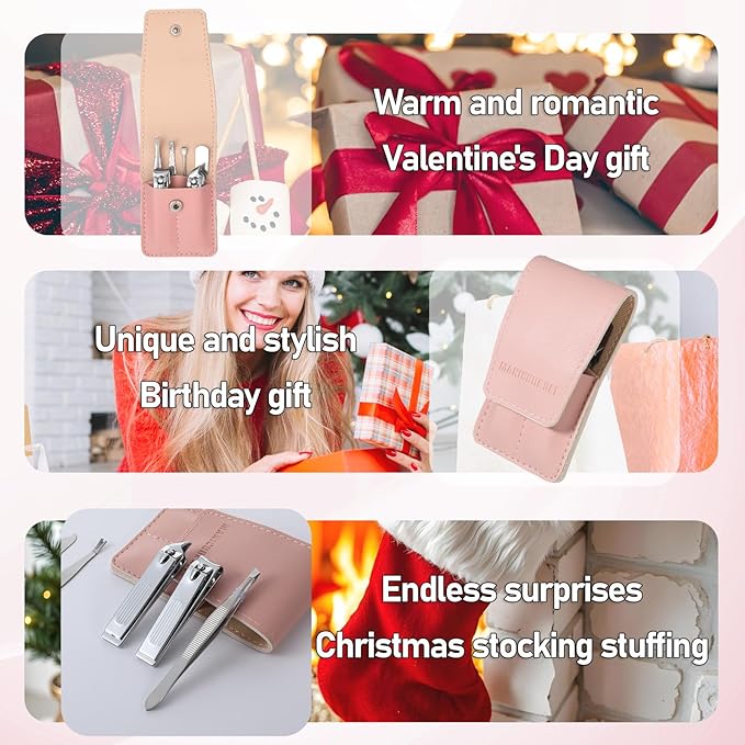Nail Clipper Set Travel Manicure Kit for Women, 6 Pcs Stainless Steel Nail Kit with Storage Bag Includes Nails Clippers, Nails File, Eyebrow Tweezers, Ear Pick, Christmas Gifts for Women (Pink)