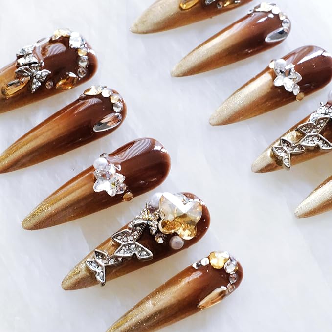 Luxury Long Stiletto Press-On Nails, Brown and Gold Stiletto with 3D Rhinestones and Pearls, Handmade False Nail 10 Pieces (Small, LS)