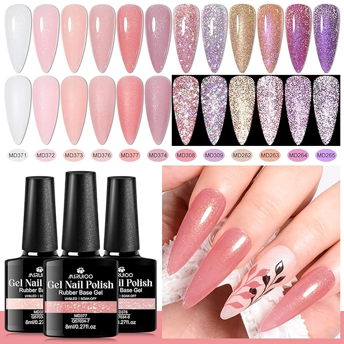 12Pcs Nude Pink Builder Gel for Nails + Reflective Glitter Gel Nail Polish Set Pink Purple Soak Off Uv/Led Nail Polish Kit DIY Manicure