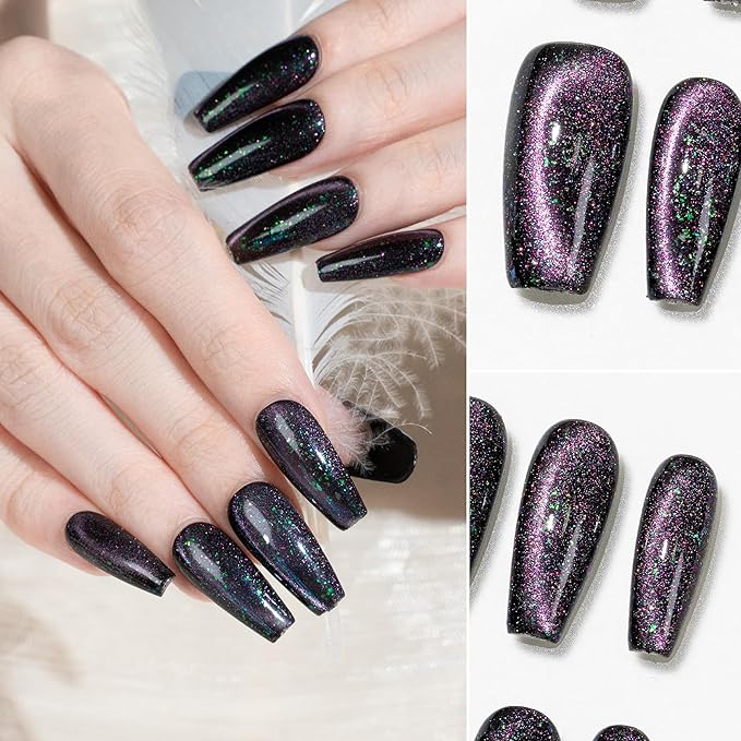 Sun&Beam Nails Handmade Press-on Medium Long Coffin Ballerina Black Purple Green Magnet Solid Color Minimalist Design Fashion False Nail Tips 10 Pcs Set (#255 XS)